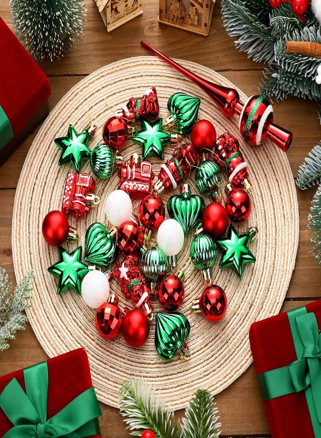 Vertintong 34 Pieces Mini Red and Green Christmas Ball Ornaments Set Vintage Small Plastic Hanging Glitter Xmas Ball and Finial Tree Topper for Xmas Vintage Holiday Mini Tree Wreath Decoration - Image 3